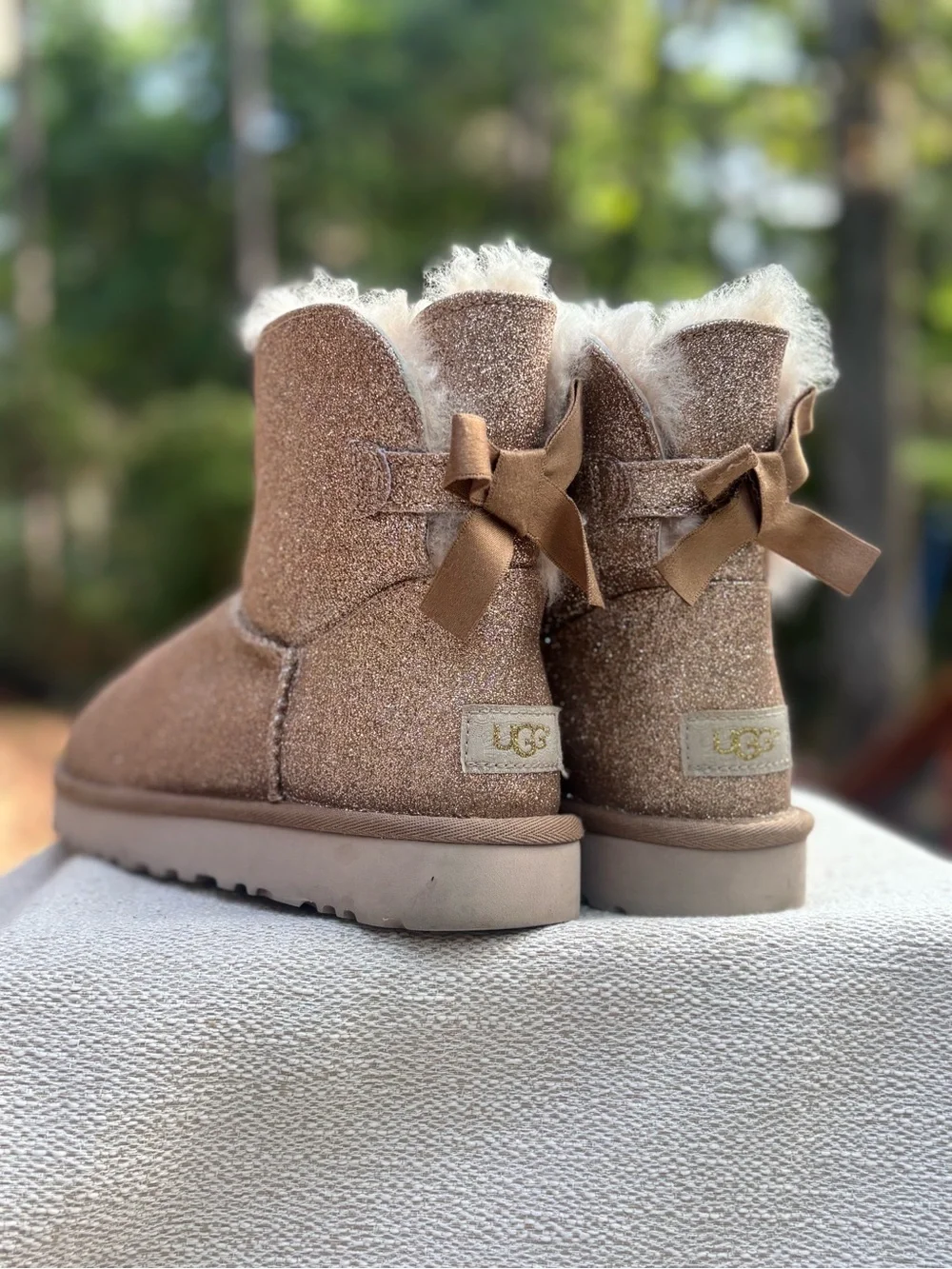 UGG Mini Bailey Bow Glitter Boots Rose Gold